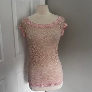 Y2K BABY PINK MODA INTERNATIONAL SHEER‎ LACE FLORAL TOP